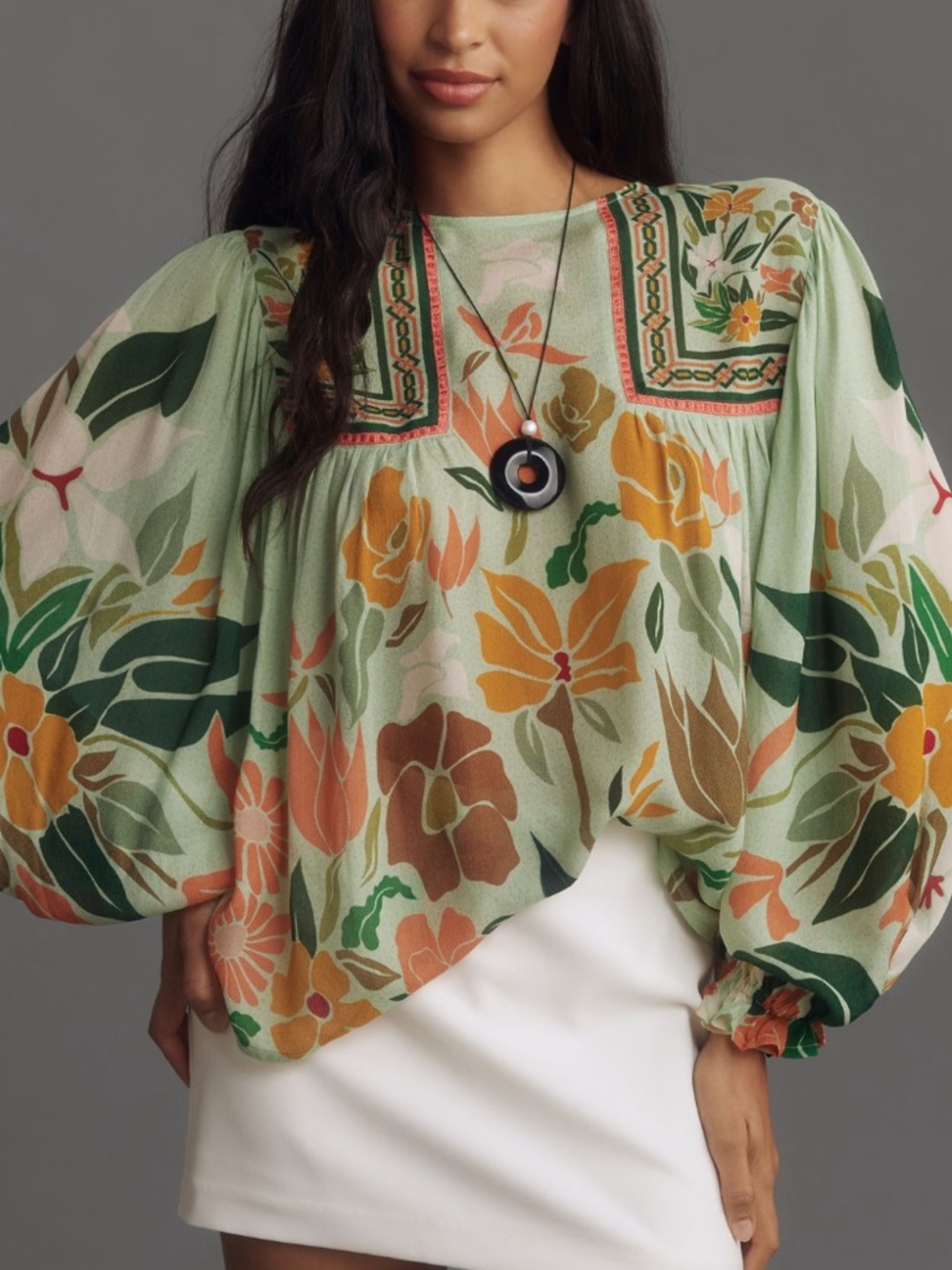 NWT Anthropologie BI-nk Miranda Peasant Blouse in Green & Orange Floral Print